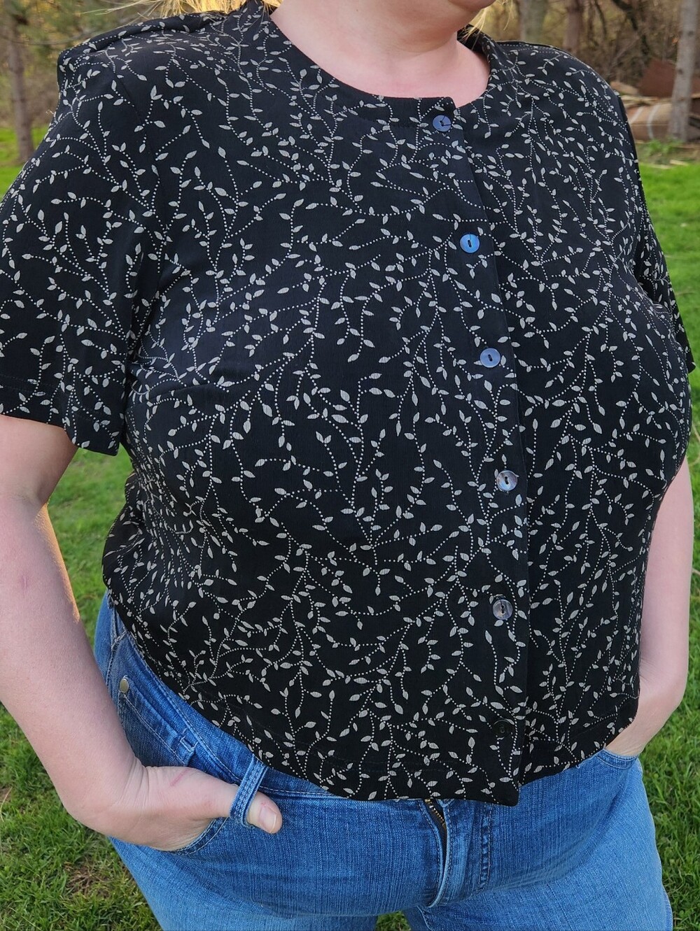 Vintage 90s Black Floral Vine Blouse | Dark Cottagecore Whimsigoth Botanical Top